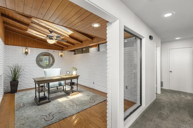 1471 Mercado, Escondido, CA 92026 - office space with brick wall, ceiling fan, recessed lighting, a skylight, and wood ceiling