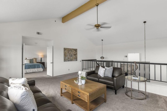 1471 Mercado, Escondido, CA 92026 - carpeted living area with ceiling fan, high vaulted ceiling, and beam ceiling