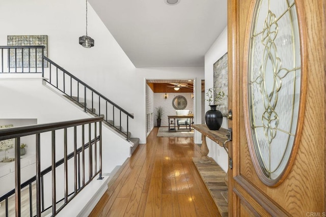 1471 Mercado, Escondido, CA 92026 - foyer entrance featuring hardwood / wood-style floors, a ceiling fan, and stairway