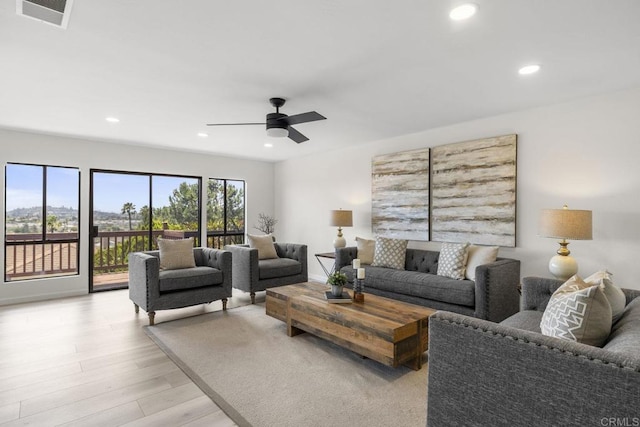 1471 Mercado, Escondido, CA 92026 - living room with ceiling fan, light wood finished floors, and recessed lighting