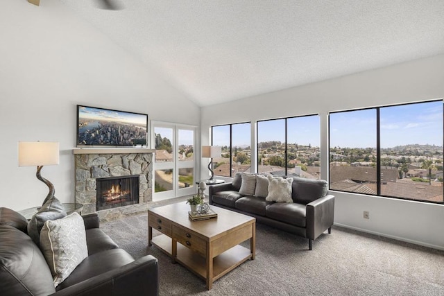1471 Mercado, Escondido, CA 92026 - living area with a fireplace, carpet flooring, high vaulted ceiling, and a textured ceiling