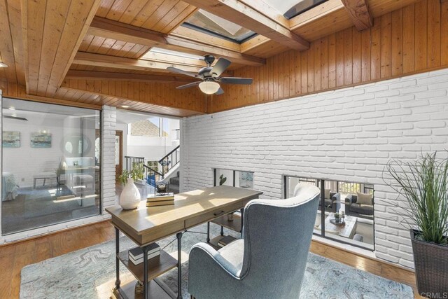 1471 Mercado, Escondido, CA 92026 - home office featuring brick wall, a wooden ceiling with exposed beams, hardwood / wood-style flooring, and ceiling fan