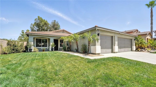 23885 Cheyenne Canyon Dr, Menifee, CA 92587 - view of front of house featuring an attached garage, stucco siding, concrete driveway, a front lawn, and a tiled roof