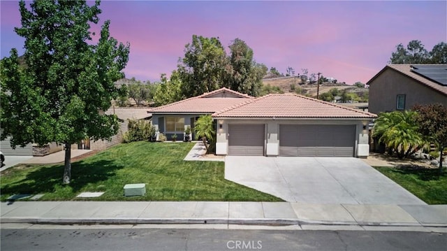 23885 Cheyenne Canyon Dr, Menifee, CA 92587 - single story home featuring a garage, a tile roof, stucco siding, a front lawn, and concrete driveway