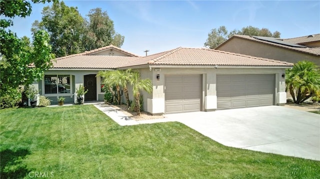 23885 Cheyenne Canyon Dr, Menifee, CA 92587 - single story home with a garage, stucco siding, driveway, a front lawn, and a tile roof
