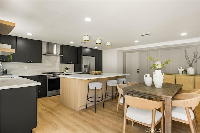 121 W Borromeo Ave, Placentia, CA 92870 - kitchen featuring appliances with stainless steel finishes, dark cabinets, wall chimney range hood, a center island, and decorative backsplash