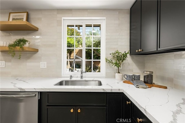 121 W Borromeo Ave, Placentia, CA 92870 - kitchen with dishwasher, open shelves, backsplash, dark cabinets, and light stone counters
