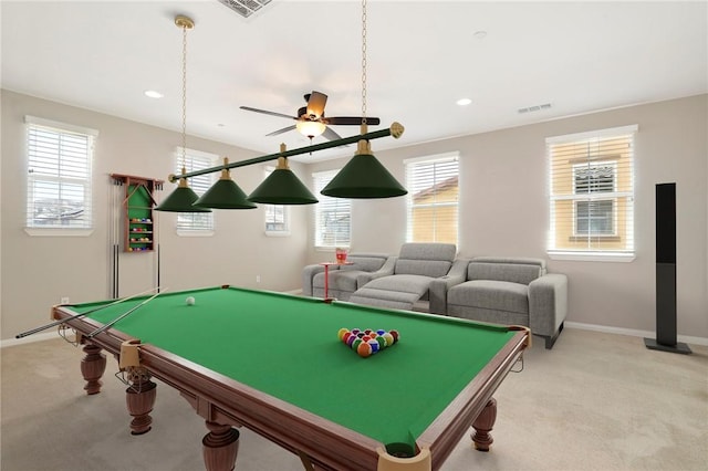 28245 Nield Ct, Saugus, CA 91350 - playroom with light carpet, plenty of natural light, a ceiling fan, billiards, and recessed lighting