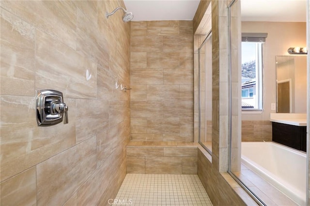 28245 Nield Ct, Saugus, CA 91350 - bathroom featuring tiled shower, vanity, and a bath