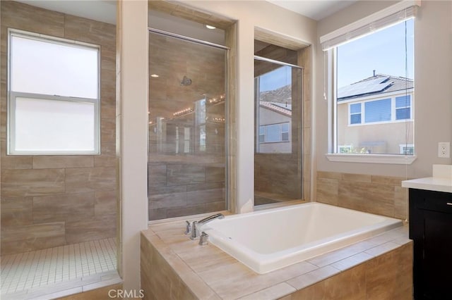 28245 Nield Ct, Saugus, CA 91350 - bathroom with a bath, a stall shower, and vanity