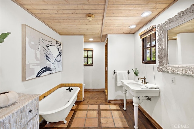 2575 Temple Hills Dr, Laguna Beach, CA 92651 - full bath featuring wooden ceiling, a freestanding bath, and recessed lighting