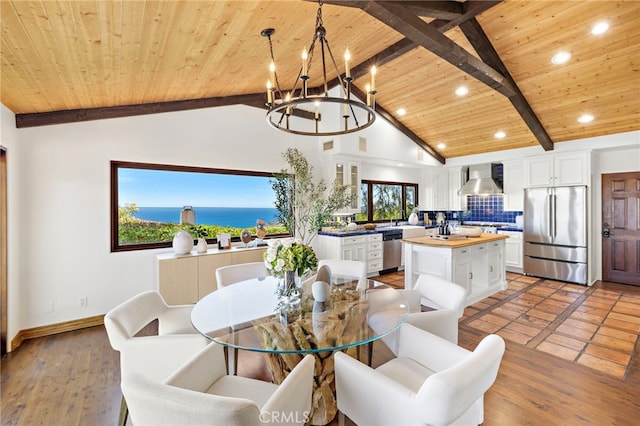 2575 Temple Hills Dr, Laguna Beach, CA 92651 - dining space with wooden ceiling, a chandelier, and recessed lighting
