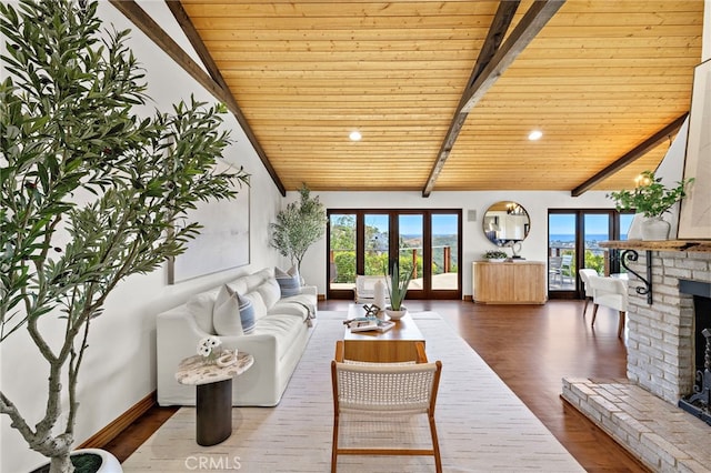 2575 Temple Hills Dr, Laguna Beach, CA 92651 - living room featuring wood ceiling, wood finished floors, a fireplace, and recessed lighting