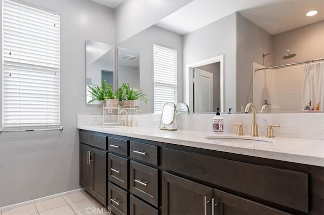 7346 Garnet Ridge Rd, Jurupa Valley, CA 92509 - bathroom with double vanity, tile patterned floors, and a shower with curtain