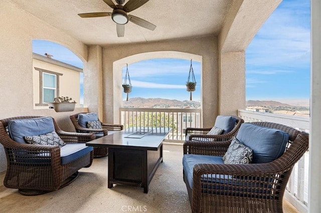 7346 Garnet Ridge Rd, Jurupa Valley, CA 92509 - view of patio with outdoor lounge area, a ceiling fan, and a mountain view