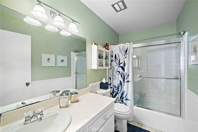 20822 Skimmer Ln, Huntington Beach, CA 92646 - full bathroom featuring vanity, shower / bathtub combination with curtain, wainscoting, and tile patterned flooring