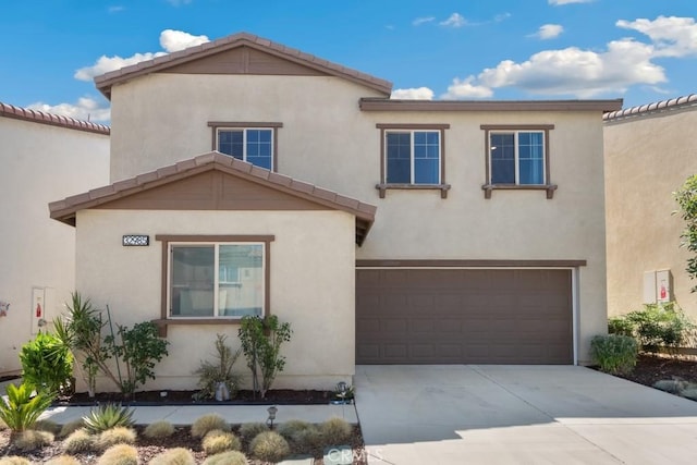 32985 Middlegate Pl, Lake Elsinore, CA 92530 - mediterranean / spanish house with concrete driveway, an attached garage, stucco siding, and a tiled roof