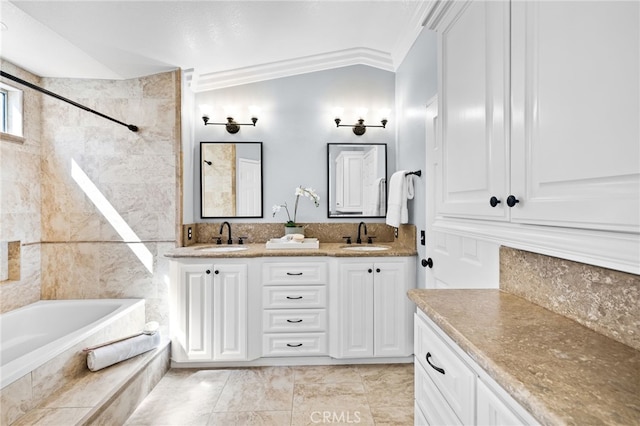 31 Cayman Brac, Aliso Viejo, CA 92656 - bathroom with ornamental molding, double vanity, and backsplash