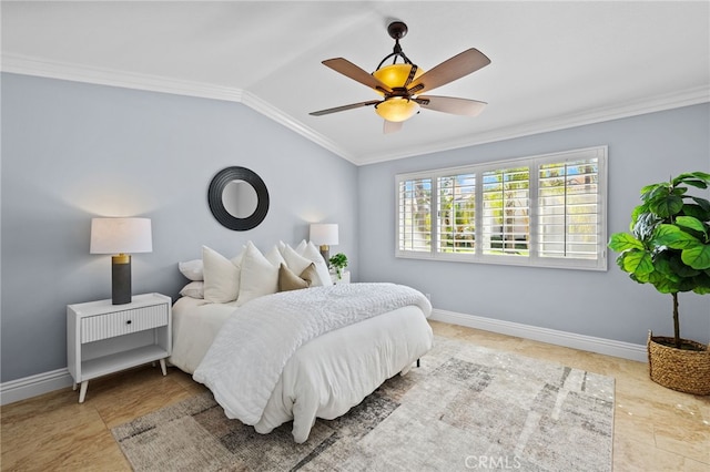 31 Cayman Brac, Aliso Viejo, CA 92656 - bedroom featuring vaulted ceiling, ornamental molding, and ceiling fan