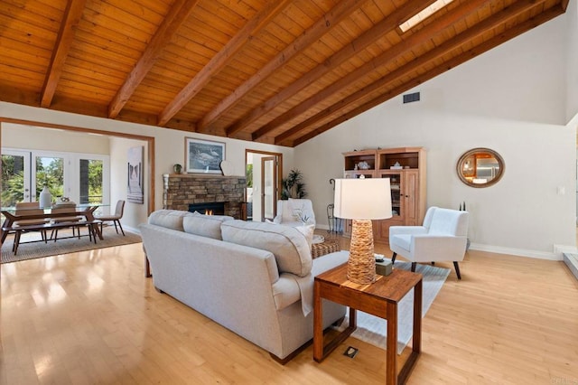 1740 Fire Mountain Dr, Oceanside, CA 92054 - living room featuring high vaulted ceiling, light wood finished floors, a stone fireplace, and a wood ceiling with exposed beams