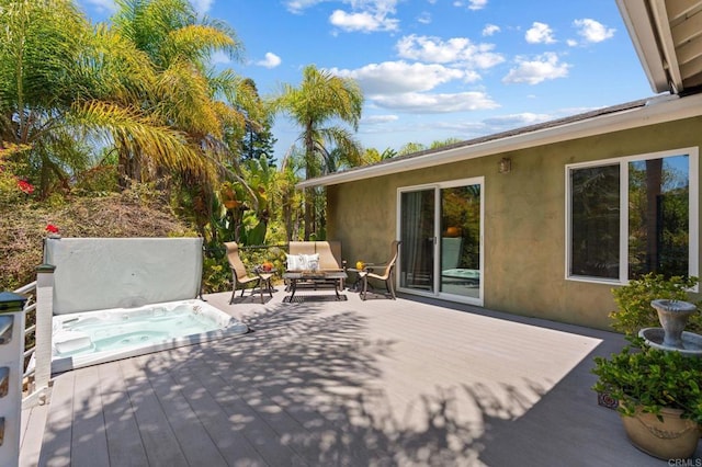 1740 Fire Mountain Dr, Oceanside, CA 92054 - wooden terrace featuring a covered hot tub and an outdoor living space
