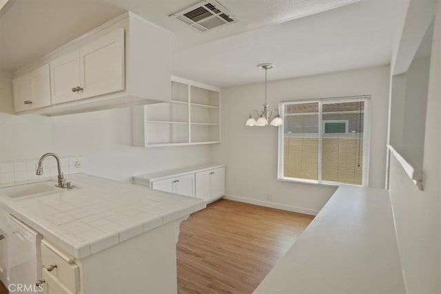 1138 N Valley St, Burbank, CA 91505 - kitchen with white cabinetry, light wood-type flooring, a chandelier, and decorative light fixtures