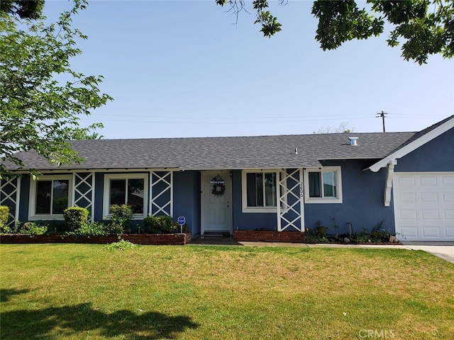 2606 Maple St, San Bernardino, CA 92410 - ranch-style home with stucco siding, a front lawn, a garage, and roof with shingles