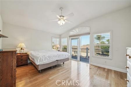 14213 Aliso Ct, Chino Hills, CA 91709 - bedroom featuring multiple windows, access to outside, wood finished floors, vaulted ceiling, and ceiling fan