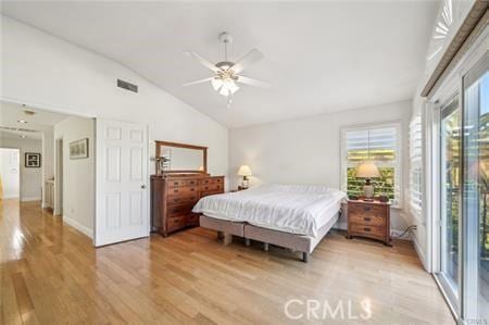 14213 Aliso Ct, Chino Hills, CA 91709 - bedroom featuring lofted ceiling, light wood-style floors, access to exterior, and ceiling fan