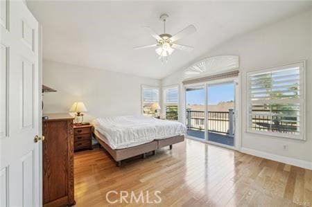 14213 Aliso Ct, Chino Hills, CA 91709 - bedroom featuring lofted ceiling, access to outside, wood finished floors, and ceiling fan