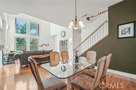 14213 Aliso Ct, Chino Hills, CA 91709 - dining space featuring wood finished floors, a chandelier, stairway, and a high ceiling