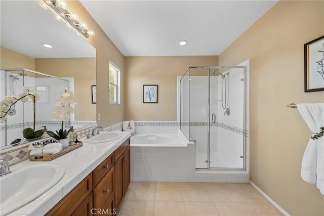 118 Vintage Unit 18, Irvine, CA 92620 - bathroom featuring a stall shower, a bath, double vanity, and tile patterned floors