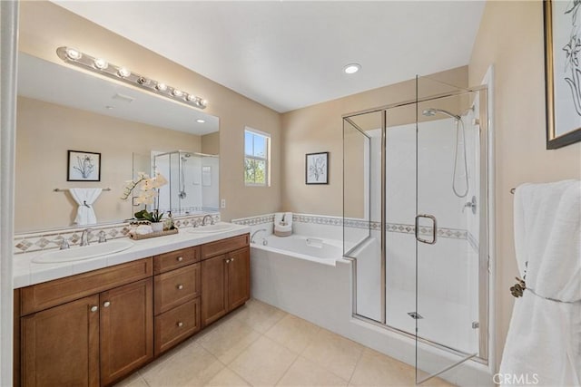 118 Vintage Unit 18, Irvine, CA 92620 - full bath with a garden tub, a stall shower, double vanity, and tile patterned flooring