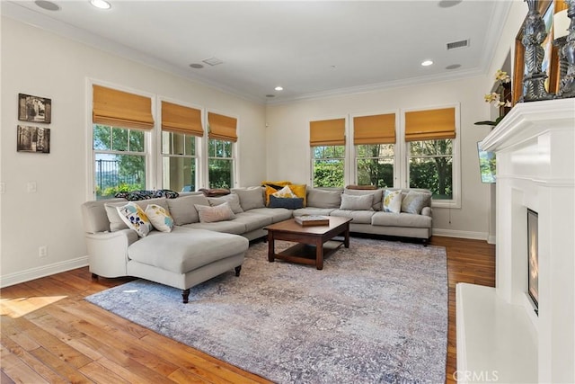 15 Pisano St, Ladera Ranch, CA 92694 - living area with ornamental molding, hardwood / wood-style flooring, a fireplace, and recessed lighting