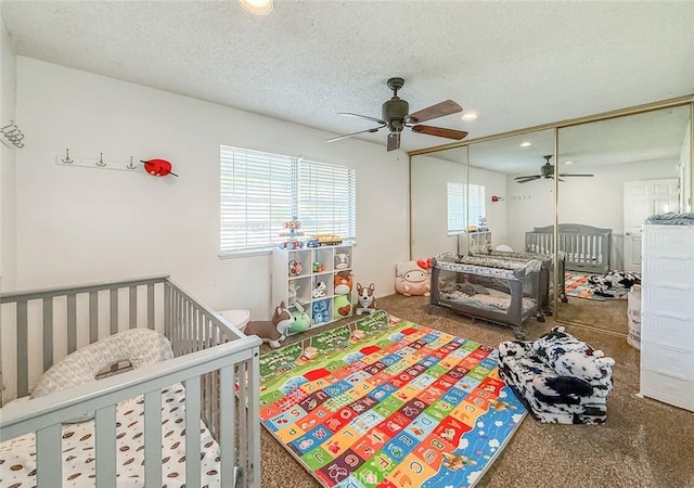 2191 Hilldale Ave, Simi Valley, CA 93063 - bedroom with carpet floors, a closet, recessed lighting, a textured ceiling, and a ceiling fan
