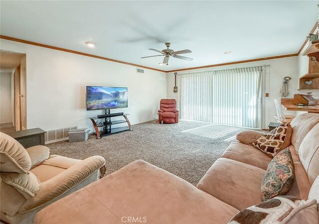 2191 Hilldale Ave, Simi Valley, CA 93063 - living room featuring a ceiling fan, carpet flooring, and ornamental molding