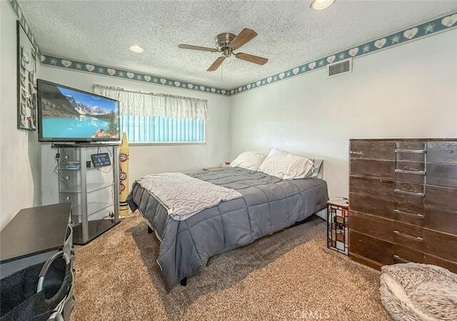 2191 Hilldale Ave, Simi Valley, CA 93063 - bedroom featuring carpet, a textured ceiling, and ceiling fan