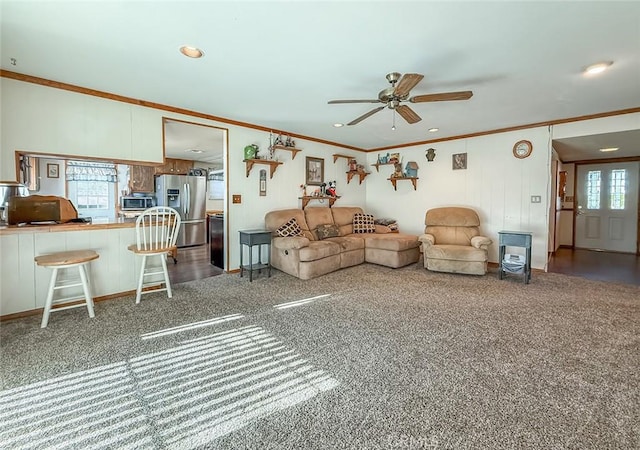 2191 Hilldale Ave, Simi Valley, CA 93063 - living area with ornamental molding, a ceiling fan, carpet, and recessed lighting