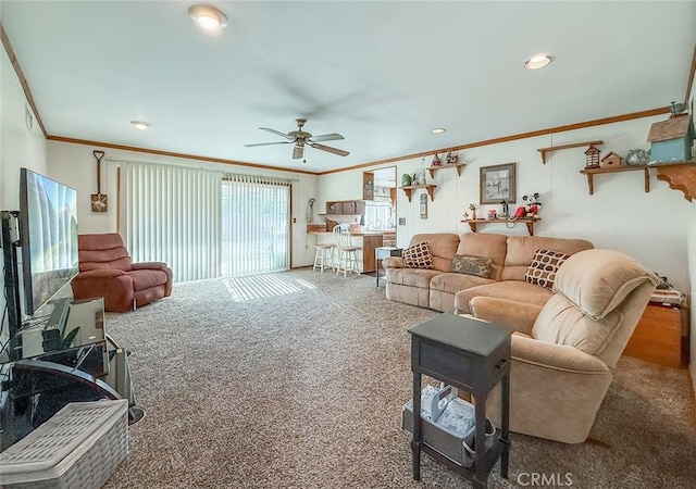 2191 Hilldale Ave, Simi Valley, CA 93063 - carpeted living room featuring crown molding, a ceiling fan, and recessed lighting