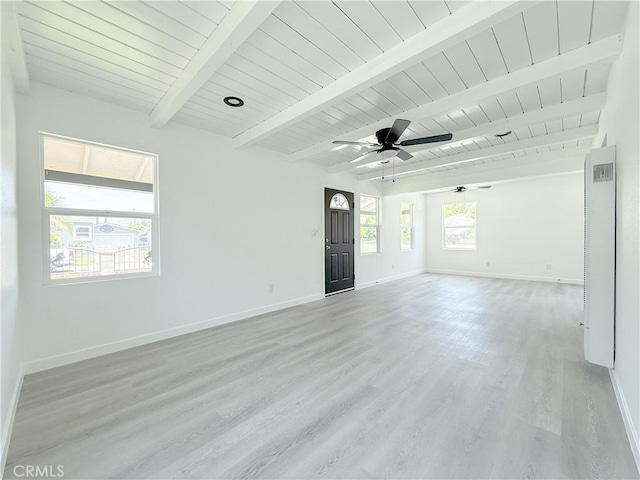 842 W Palmer St, Compton, CA 90220 - unfurnished living room with light wood-type flooring, a wood ceiling with exposed beams, and ceiling fan