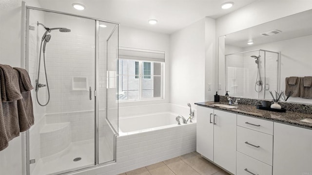 220 Perennial Pl, Fallbrook, CA 92028 - bathroom with a shower stall, a garden tub, double vanity, and tile patterned floors