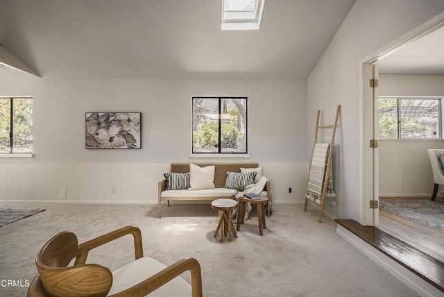 3254 Los Olivos Ln, La Crescenta, CA 91214 - living area featuring carpet, vaulted ceiling, and a wainscoted wall