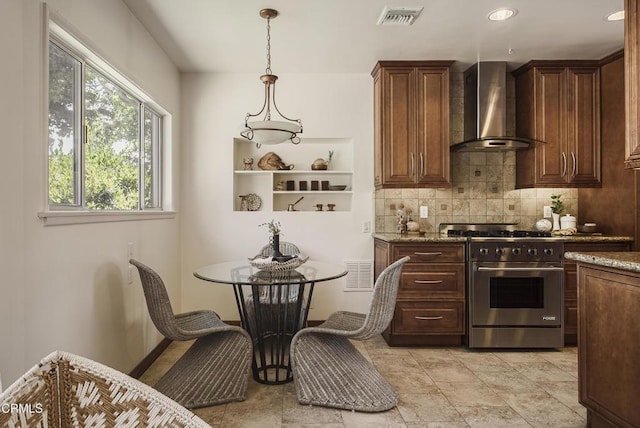 3254 Los Olivos Ln, La Crescenta, CA 91214 - kitchen with wall chimney exhaust hood, high end stainless steel range, tasteful backsplash, light stone counters, and recessed lighting