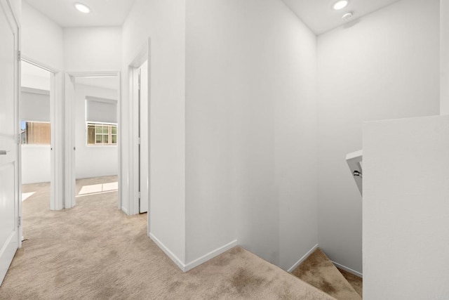 2310 Stardust Gln, Escondido, CA 92025 - hall featuring an upstairs landing, light carpet, and recessed lighting