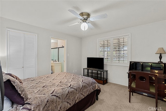 4790 Adam Rd, Simi Valley, CA 93063 - bedroom with carpet, a closet, connected bathroom, and a ceiling fan