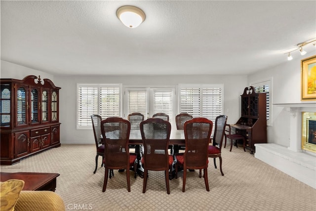 4790 Adam Rd, Simi Valley, CA 93063 - dining room featuring light colored carpet, a fireplace, and a textured ceiling