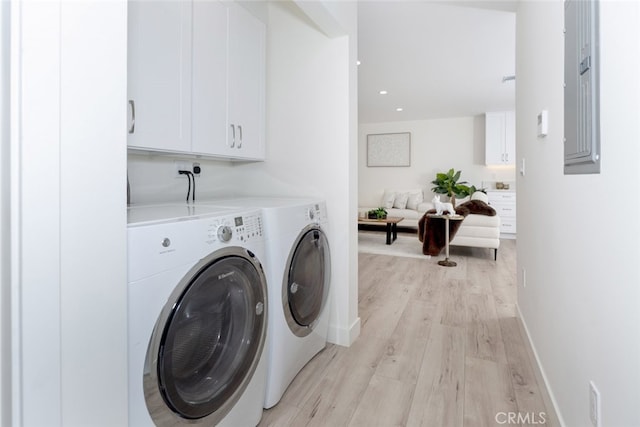 15256 Clymer St, San Fernando, CA 91345 - laundry room with washer and dryer, light wood finished floors, cabinet space, and recessed lighting