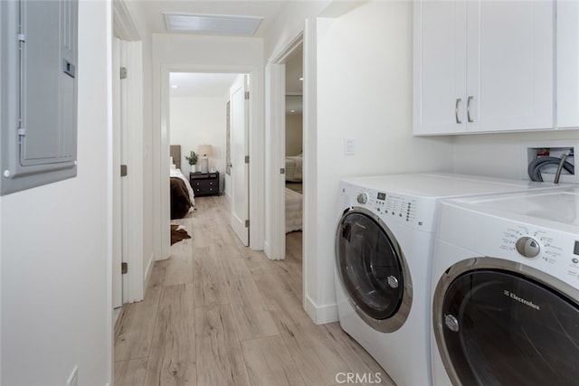 15256 Clymer St, San Fernando, CA 91345 - laundry area with light wood finished floors, washing machine and clothes dryer, and electric panel