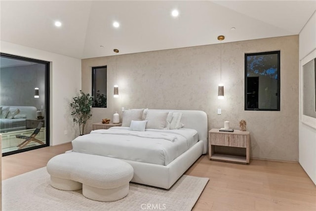 14738 Otsego St, Sherman Oaks, CA 91403 - bedroom with light wood-style flooring, lofted ceiling, and recessed lighting