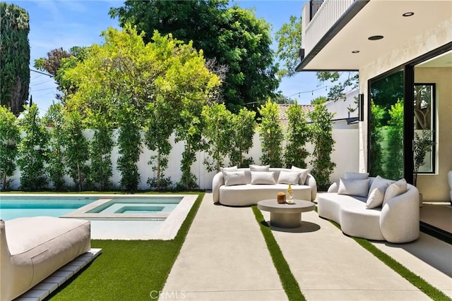 14738 Otsego St, Sherman Oaks, CA 91403 - outdoor pool with outdoor lounge area, a patio area, an in-ground hot tub, and a fenced backyard